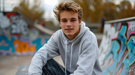 Attractive cheerful young man sitting at the skate park ramp