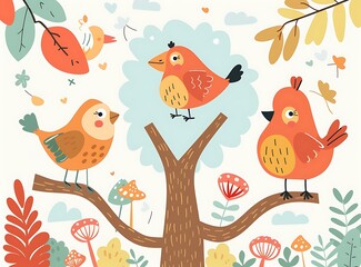 Fototapeta premium Cute Cartoon Birds On Tree Branches Illustration
