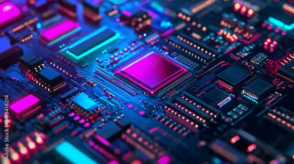 Poster a vibrant close-up of a computer circuit board showcasing colorful lights and intricate electronic c