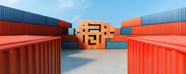 Fototapeta premium Colorful shipping containers create a vibrant industrial landscape under a clear blue sky.