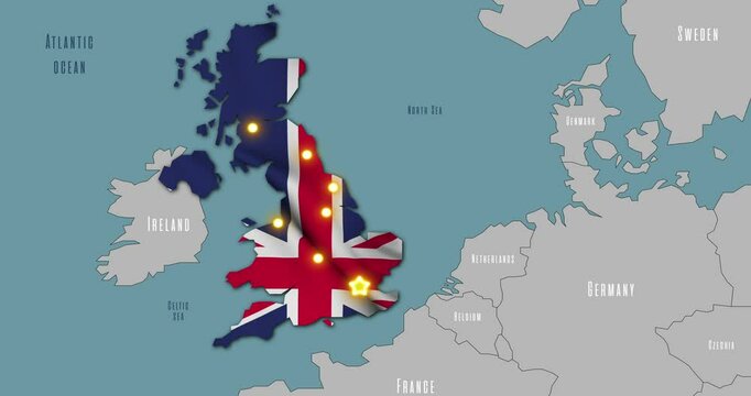 Map of United Kingdom in the colors of national flag. The capital and major cities are marked.
