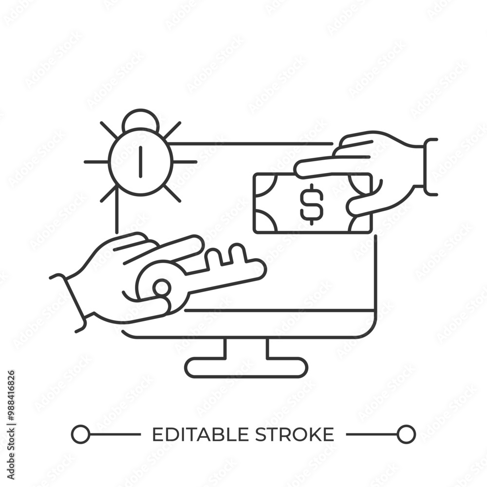 Poster online transaction vulnerability linear icon. cybersecurity problem. data breach. hacking attempt co
