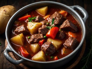 Hearty Beef Stew with Potatoes and Red Peppers Generative Ai