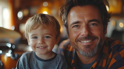portrait of small boy with father indoors at home playing drums, guitar
