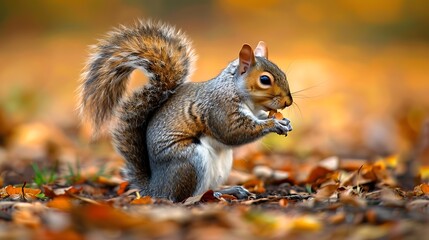 A squirrel eats an acorn in the forest during autumn.