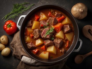 Hearty Beef Stew with Potatoes and Red Peppers Generative Ai