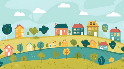 Cartoon Village Illustration with Houses and Trees