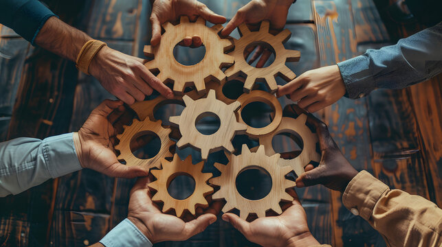Business people or office workers hold wooden gears that symbolize well-coordinated teamwork. Top view close up of hands of multiracial men and women standing in circle. Concept