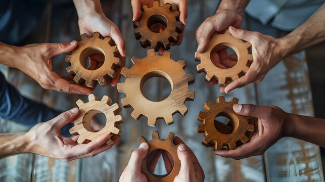 Business people or office workers hold wooden gears that symbolize well-coordinated teamwork. Top view close up of hands of multiracial men and women standing in circle. Concept