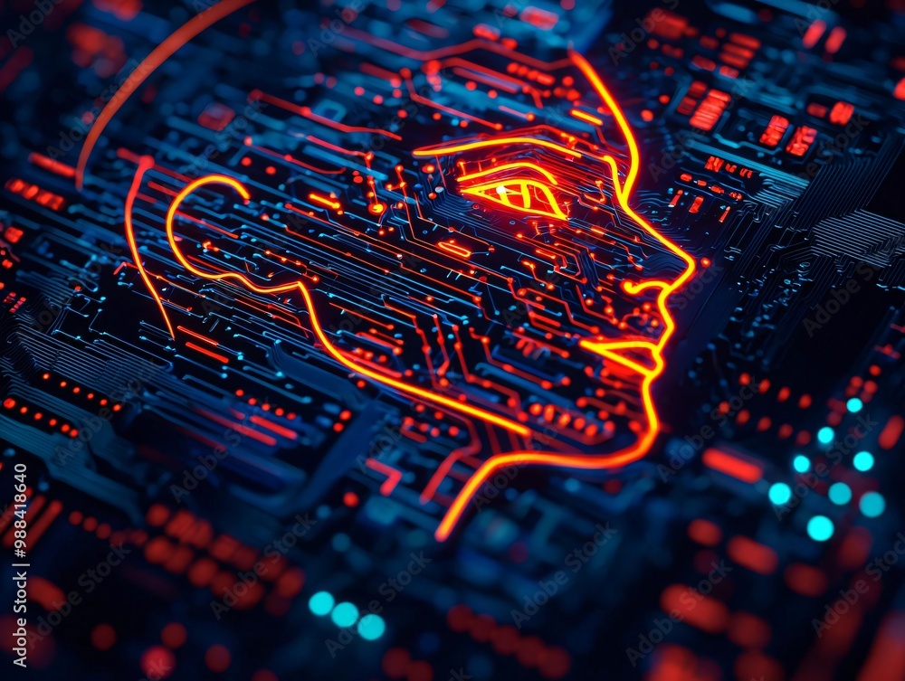 Poster futuristic circuit board with a glowing face silhouette, symbolizing artificial intelligence and tec