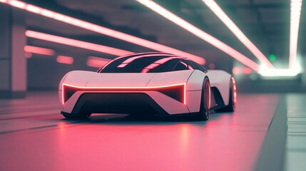 Naklejka premium Futuristic car design with sleek lines and glowing accents, set in a neon-lit environment, showcasing advanced automotive technology.