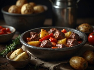 Hearty Beef Stew with Potatoes and Red Peppers Generative Ai