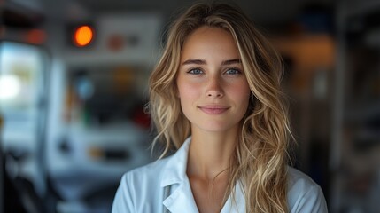 Fototapeta premium portrait of young woman doctor standing in front of ambulance car