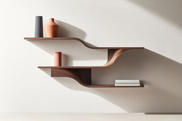 Stylish wood shelves displaying modern art in a cozy setting