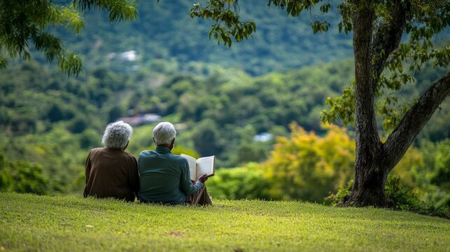 elderly interracial couple relaxing in the cool Jamaican hills and reading a book