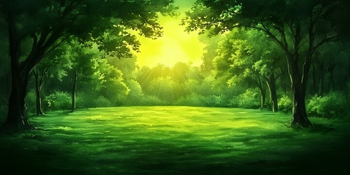 A beautiful green forest clearing with sunlight streaming through the trees.