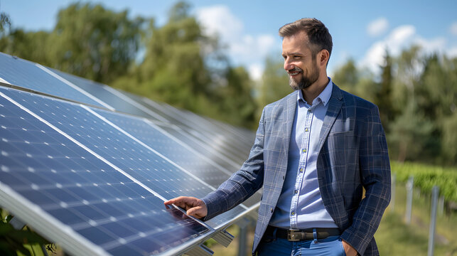 Businessman providing a consultation on solar panels for a team of coworkers or customers during a meeting in the office. Discussing renewable energy and benefits of solar technol