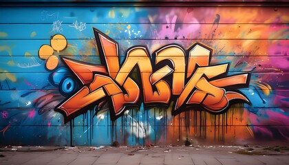 A vibrant graffiti mural features bold orange letters on a colorful background, showcasing urban art and creative expression.