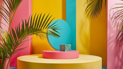 Colorful Tropical Background with Palm Leaves