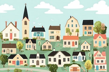 Naklejka premium Cartoon Illustration Of A Small Town With Houses And A Church