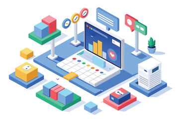 Obraz premium A customizable isometric illustration depicting digital analytics, workflow tools, and sitemap organization in a modern workspace.