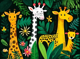 Cute Giraffe Family In Jungle Illustration