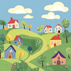 Fototapeta premium Cartoon Illustration of a Colorful Village with Houses and Trees