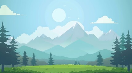 Mountain Landscape Illustration with Green Grass and Trees