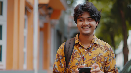 Fototapeta premium Cheerful young indian man chatting with girlfriend, using smartphone