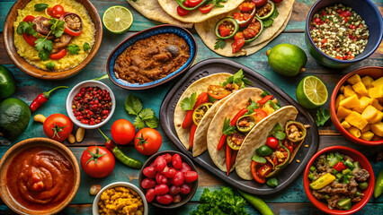 Fototapeta premium Mexican fiesta spread with tacos, burritos, quesadillas, chili, fajitas, and tortillas, Mexican, fiesta, spread, table