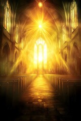 Fototapeta premium Sun Light Shining Through Stained Glass Window in Church