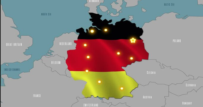 Map of Germany in the colors of national flag. The capital and major cities are marked.

