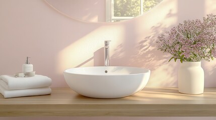 Fototapeta premium Modern Minimalist Bathroom with White Vessel Sink and Fresh Flowers in Soft Natural Light