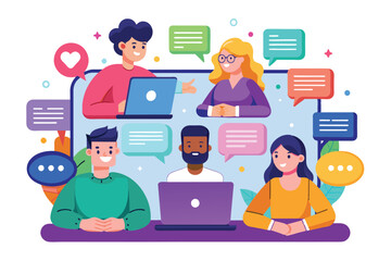 Fototapeta premium A lively online discussion takes place with five diverse individuals animatedly sharing ideas through chat bubbles.