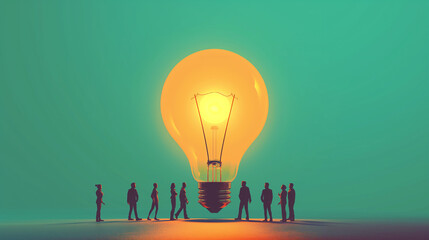 Giant lightbulb towering over a group of tiny people. Innovation, creative thinking, brainstorming, and new ideas concept.