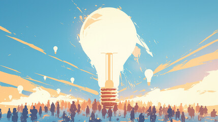 Giant lightbulb towering over a group of tiny people. Innovation, creative thinking, brainstorming, and new ideas concept.
