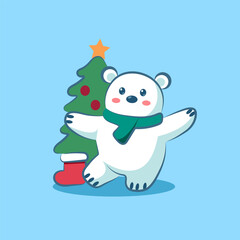 cute cartoon character christmas bear bring a gift vector with tree vector
