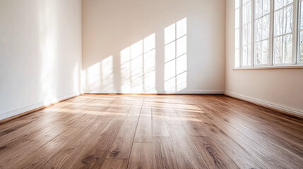 Bright and spacious empty room with wooden flooring and sunlight streaming through large windows