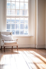 Fototapeta premium Cozy armchair by large window illuminating a bright room with wooden floors in the afternoon light
