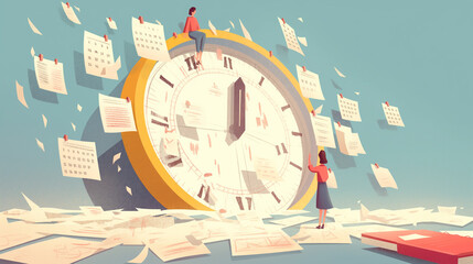 Giant clock with small figures surrounding it, symbolizing perfect timing, project efficiency, and timely delivery. Time management, project deadlines, and productivity concept.