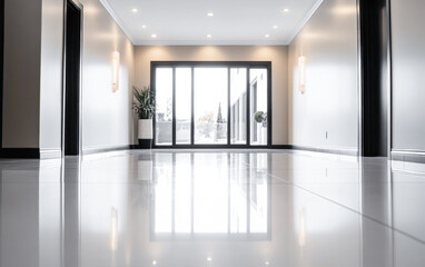 Fototapeta premium Modern hallway with sleek design and polished flooring featuring large windows letting in natural light during daytime