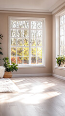 Fototapeta premium Bright and airy living room with large windows and indoor plants showcasing autumn light in a cozy home setting