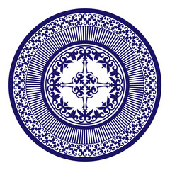 Beautiful blue and white round Mongols national ornament. Ethnic pattern of the Kazakh, Mongols, Kyrgyz, Buryats. Circle, frame border. For round surfaces, household utensil, textile, embroidery, yurt