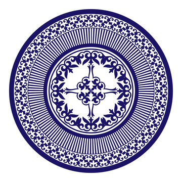 recommend clip art: Beautiful blue and white round Mongols national ornament. Ethnic pattern of the Kazakh, Mongols, Kyrgyz, Buryats. Circle, frame border. For round surfaces, household utensil, textile, embroidery, yurt