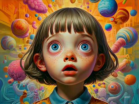 Surprised child looking up with amazed look surrounded by colorful things around in pop surrealism style