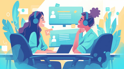 People in a virtual team meeting, discussing work tasks via video call. Remote work, team collaboration, and online communication concept.