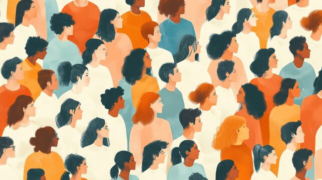 Abstract illustration of many diverse people in the crowd, soft color background, digital art style.