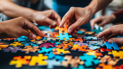 Obraz premium Company employees playing game and joining pieces of jigsaw puzzle during team building activity