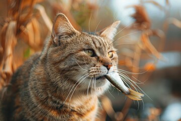 Cat with fish in mouth, nature background