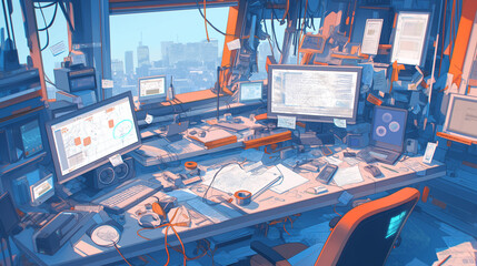 An organized desk with neatly arranged tools, documents, and a computer. Efficient work habits, productivity, workspace setup, office organization concept.